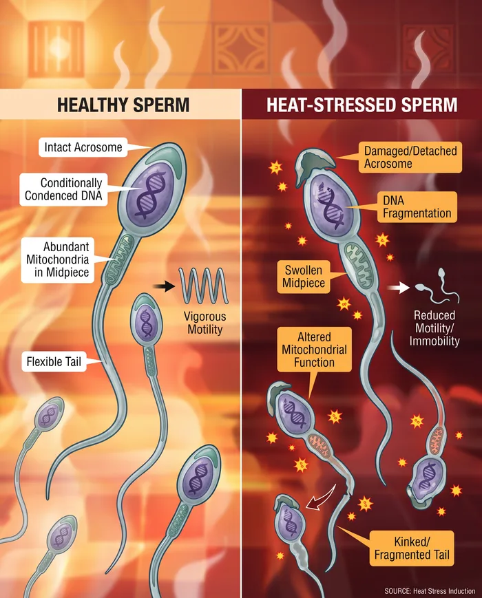 infographic comparing healthy sperm to heat-stressed sperm: damaged acrosome, DNA fragmentation, swollen midpiece, and reduced motility