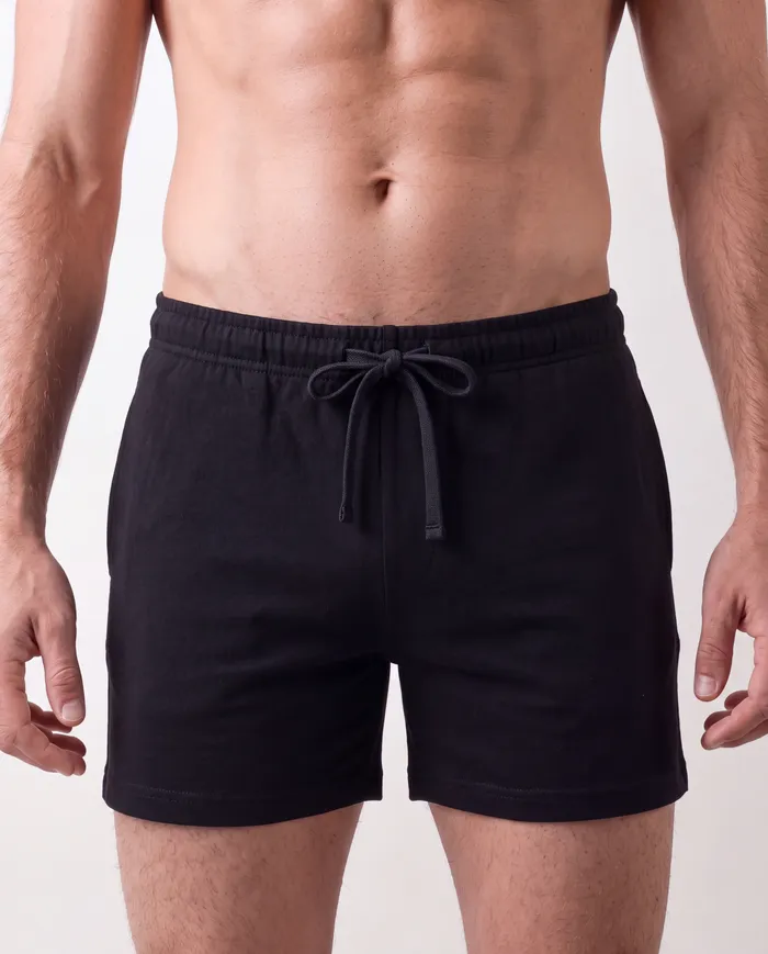 model wearing black cotton shorts, ö-zone worn underneath and out of sight