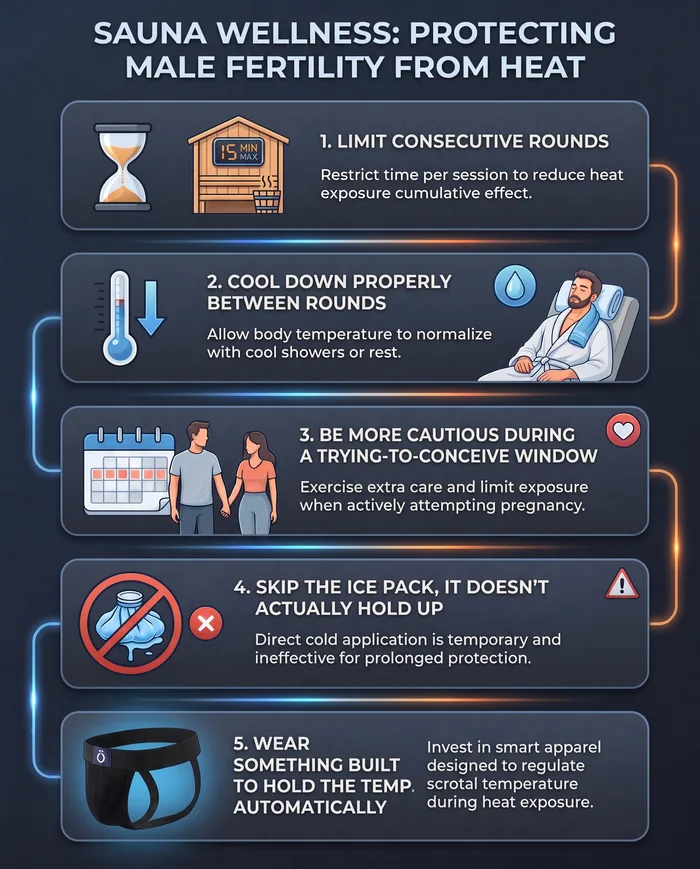 infographic summarising five ways to protect male fertility from sauna heat: limit consecutive rounds, cool down between rounds, be cautious during a trying-to-conceive window, skip the ice pack, and wear a garment built to hold temperature automatically