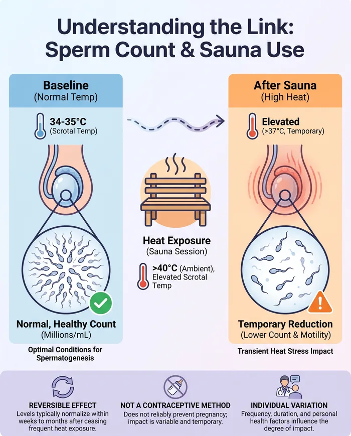 infographic showing baseline scrotal temperature versus after-sauna temperature, and the resulting temporary reduction in sperm count